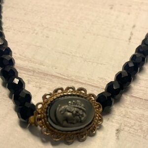 COPY - Antique Cameo black glass beaded necklace 10 inches long